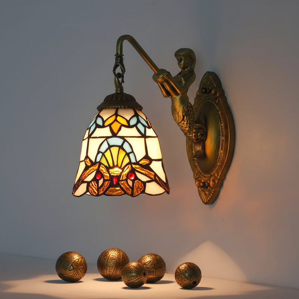 Applique Murale Sirène en Bronze Ancien et Verre Teinté