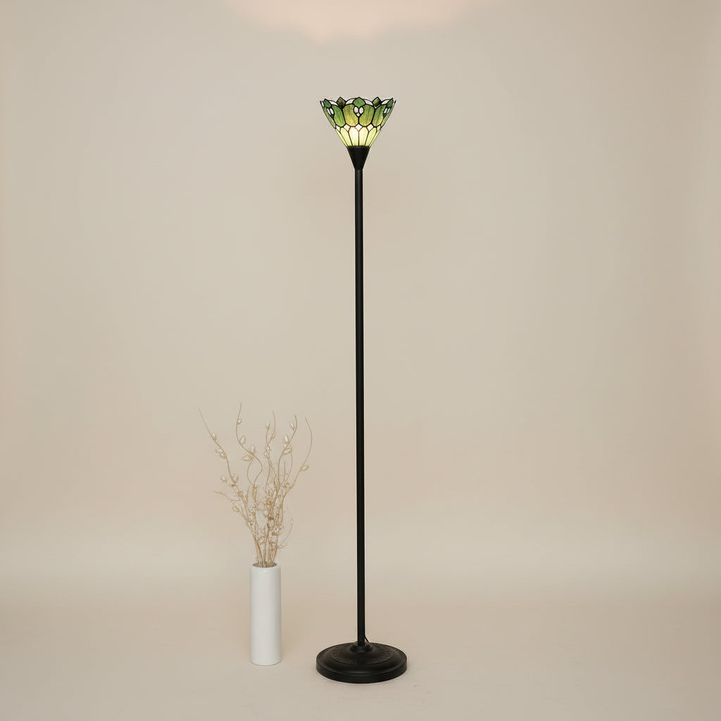 Lampadaire Style Tiffany en Vitrail Vert et Crème