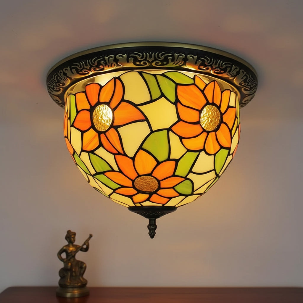Plafonnier Rond en Verre Tiffany Tournesols Orange