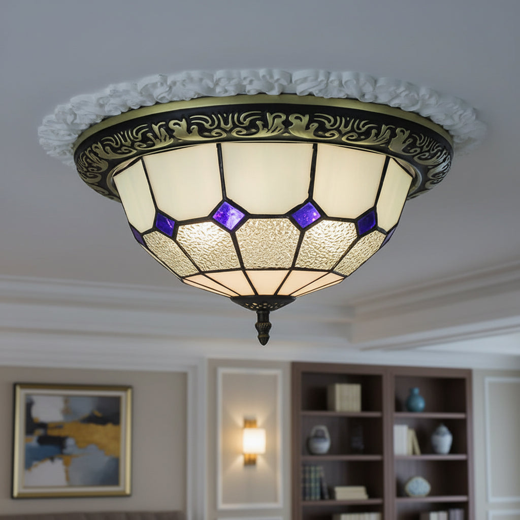 Plafonnier Style Tiffany Bleu Violet et Fer Forgé