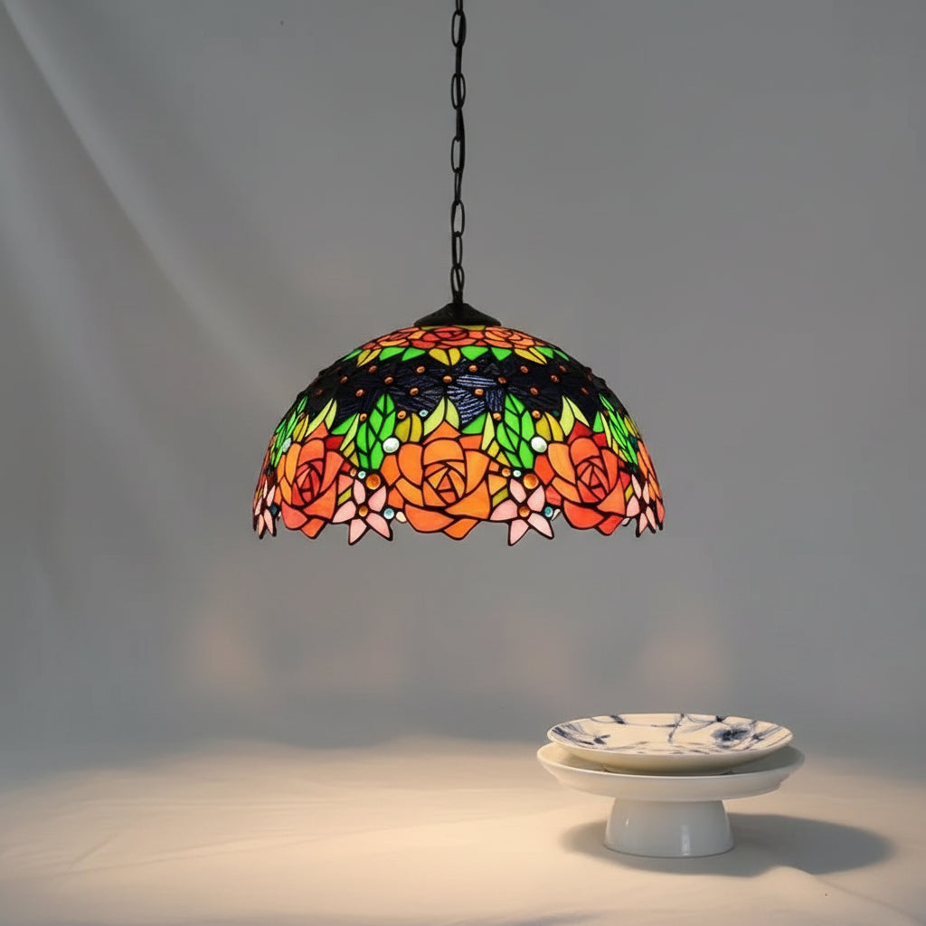 Suspension Tiffany à Vitrail de Roses Multicolores Ø40cm