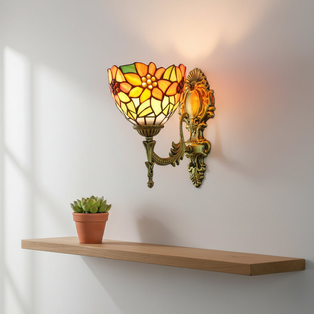 Applique Murale Tiffany Floral en Vitrail et Laiton Vieilli