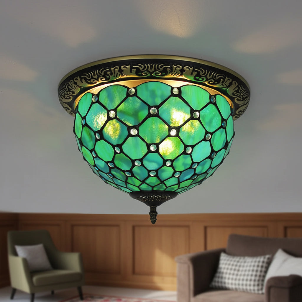 Plafonnier Style Tiffany en Vitrail Vert