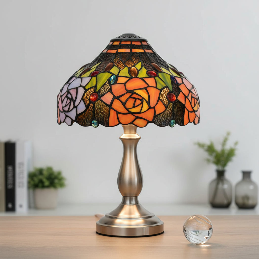Abat-Jour en Verre Teinté Tiffany avec Roses Multicolores