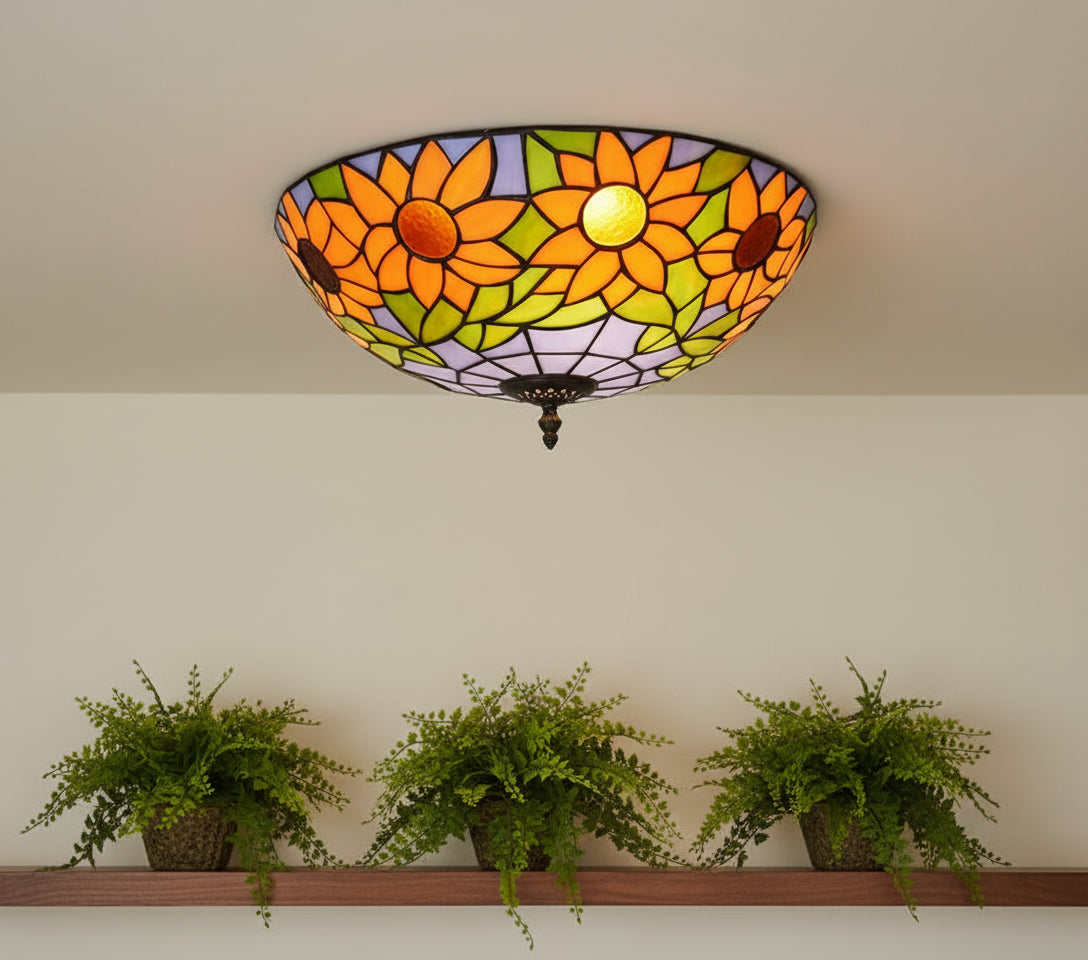 Plafonnier en Vitrail Style Tiffany Tournesols