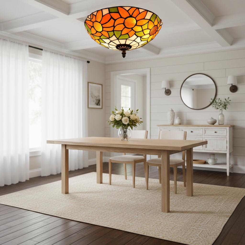 Plafonnier Rond en Vitrail Style Tiffany Tournesol
