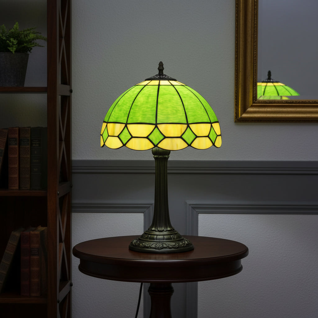 Lampe de Table Style Tiffany en Vitraux Verts et Jaunes