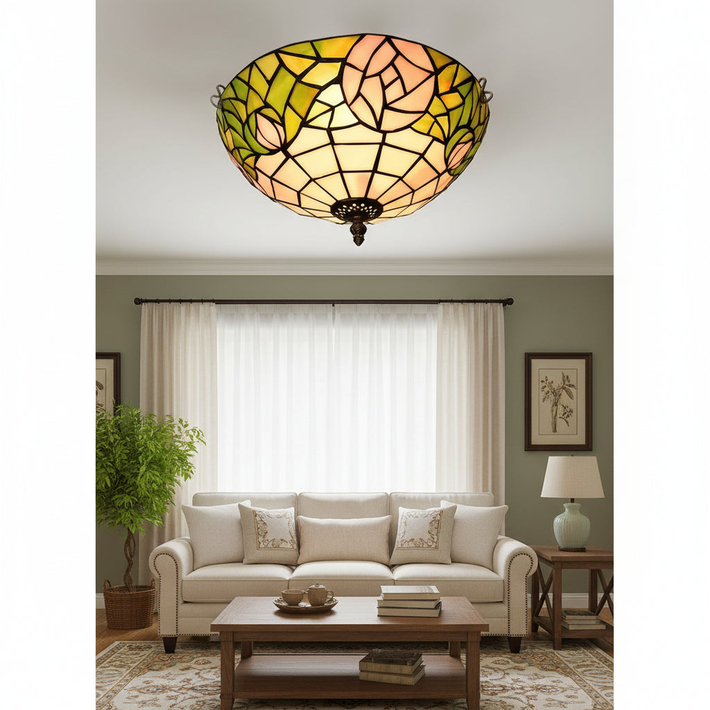 Plafonnier Rond en Vitrail Tiffany Vert & Pêche