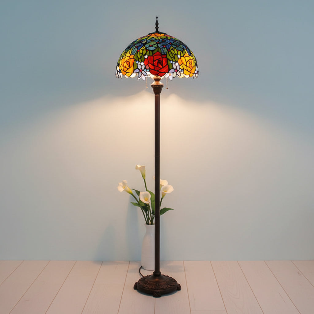 Lampadaire Style Tiffany en Vitrail Roses Rouges et Jaunes