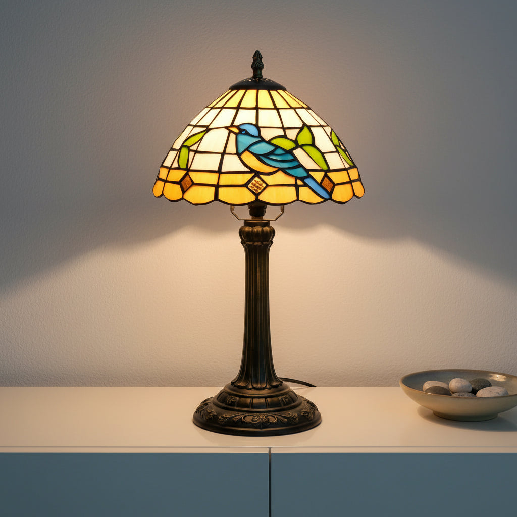 Lampe Tiffany en Vitrail à Motif Oiseau Bleu et Feuilles