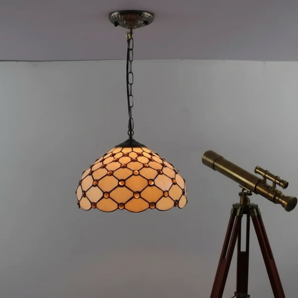 Suspension Luminaire Style Tiffany avec Joyaux Ambrés