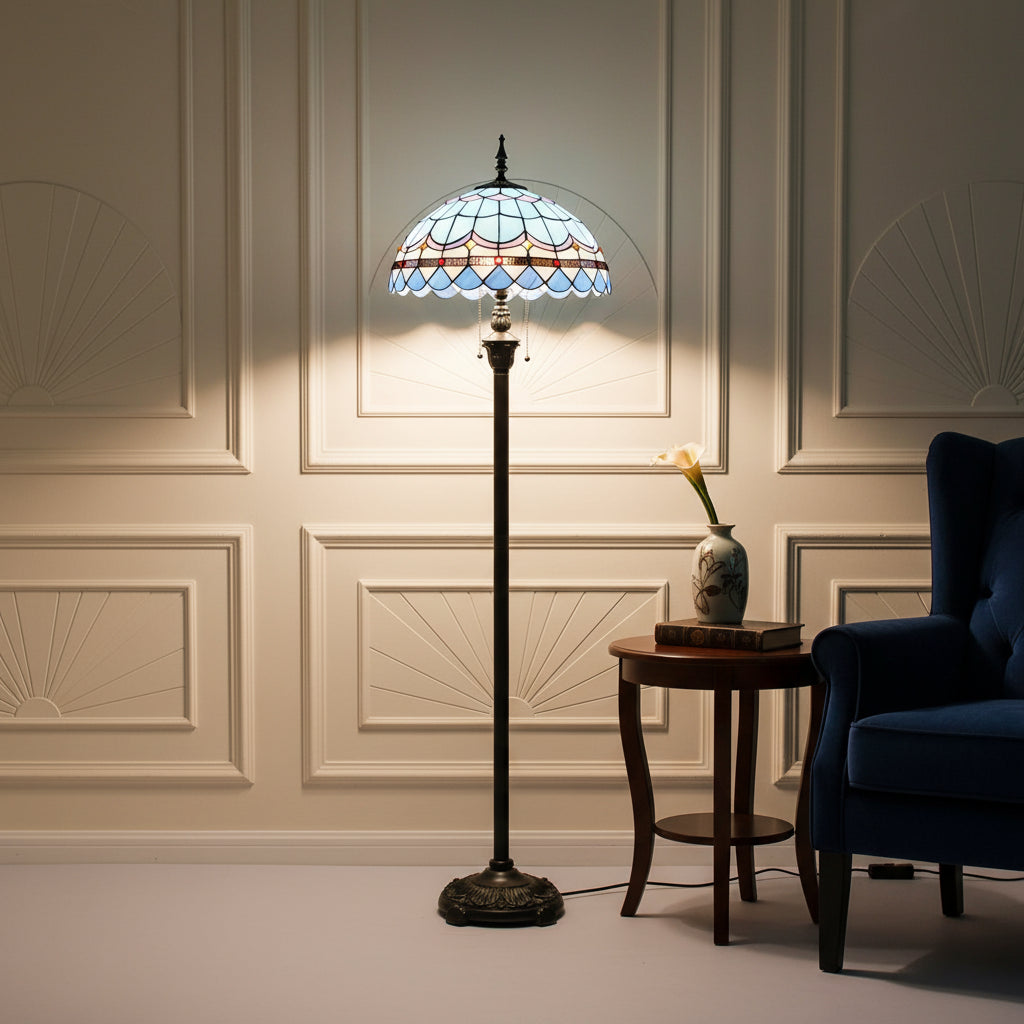 Lampadaire Style Tiffany en Vitrail Bleu et Multicolore