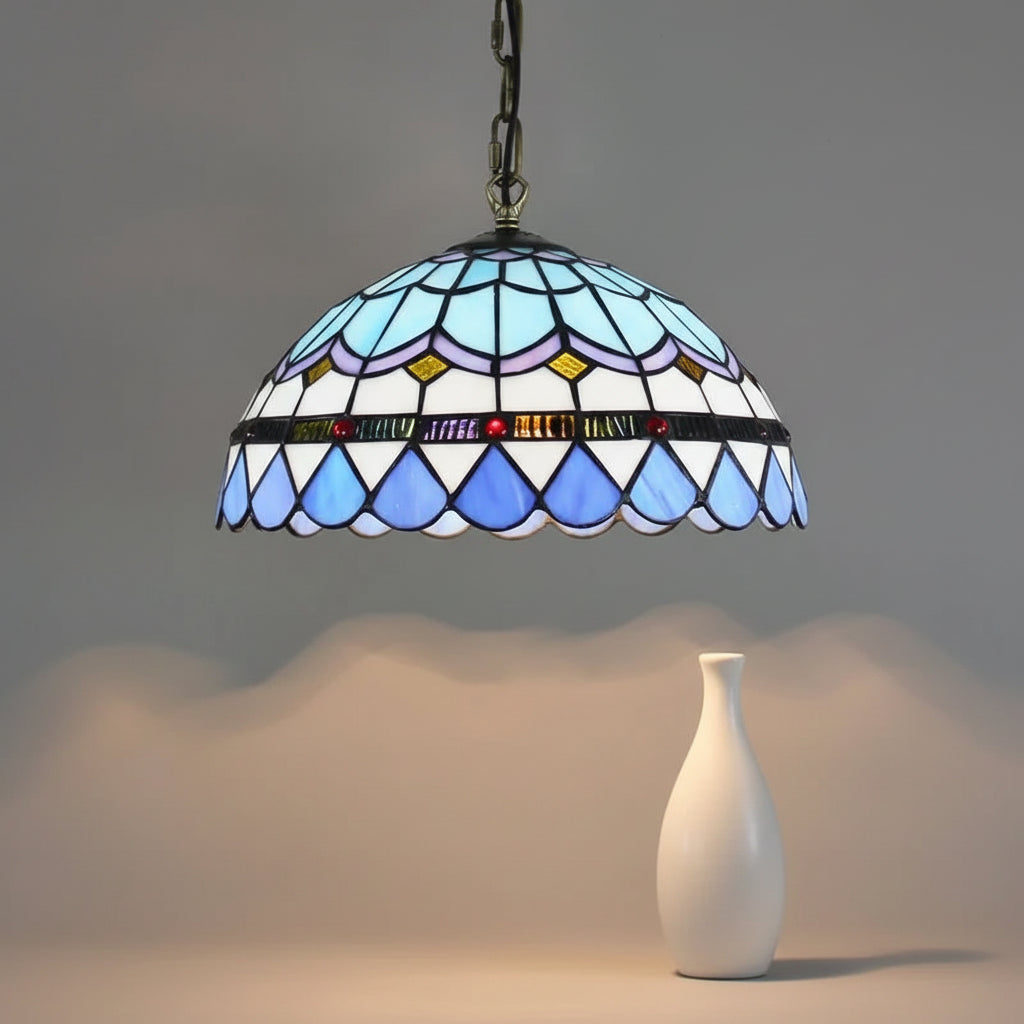 Suspension Luminaire en Vitrail Tiffany Bleue Géométrique D30cm