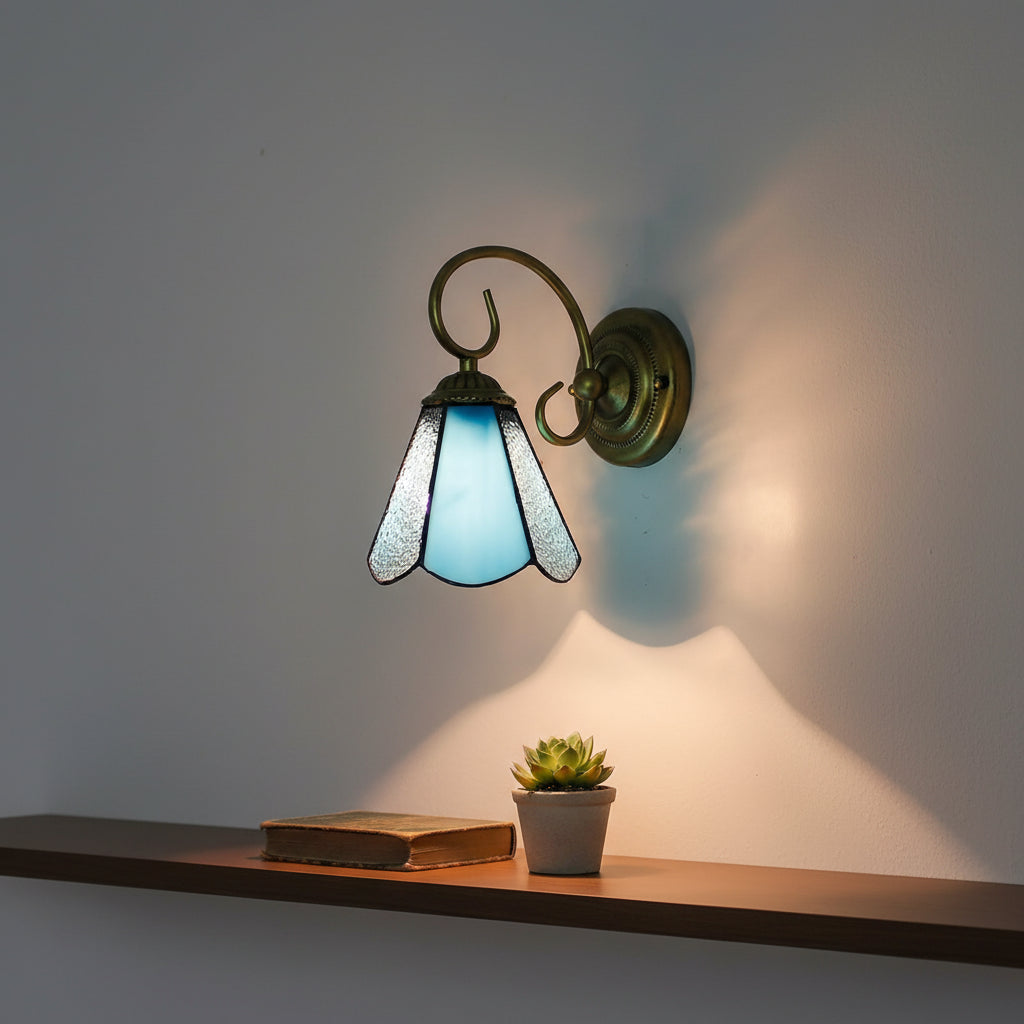 Applique Murale Tiffany en Verre Bleu et Bronze