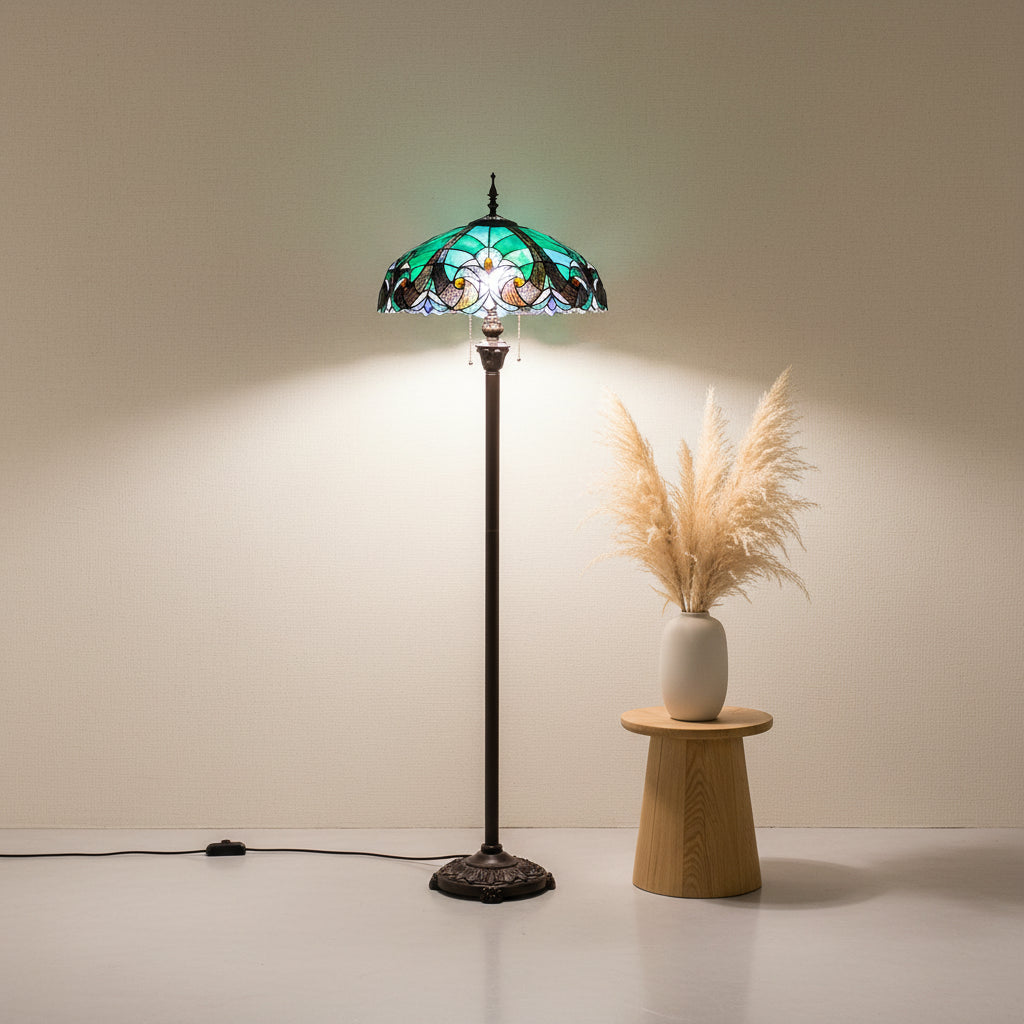 Lampadaire Style Tiffany en Verre Coloré Turquoise