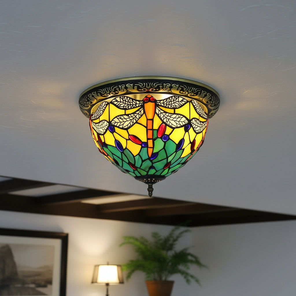 Plafonnier Style Tiffany Libellule en Verre Teinté