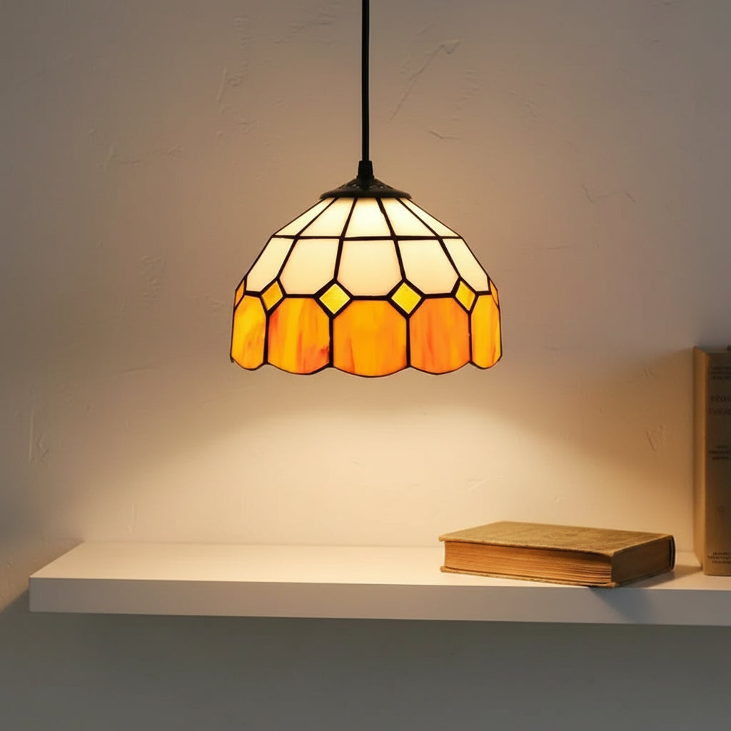 Suspension en Vitrail Style Tiffany Crème Orange Ø20cm