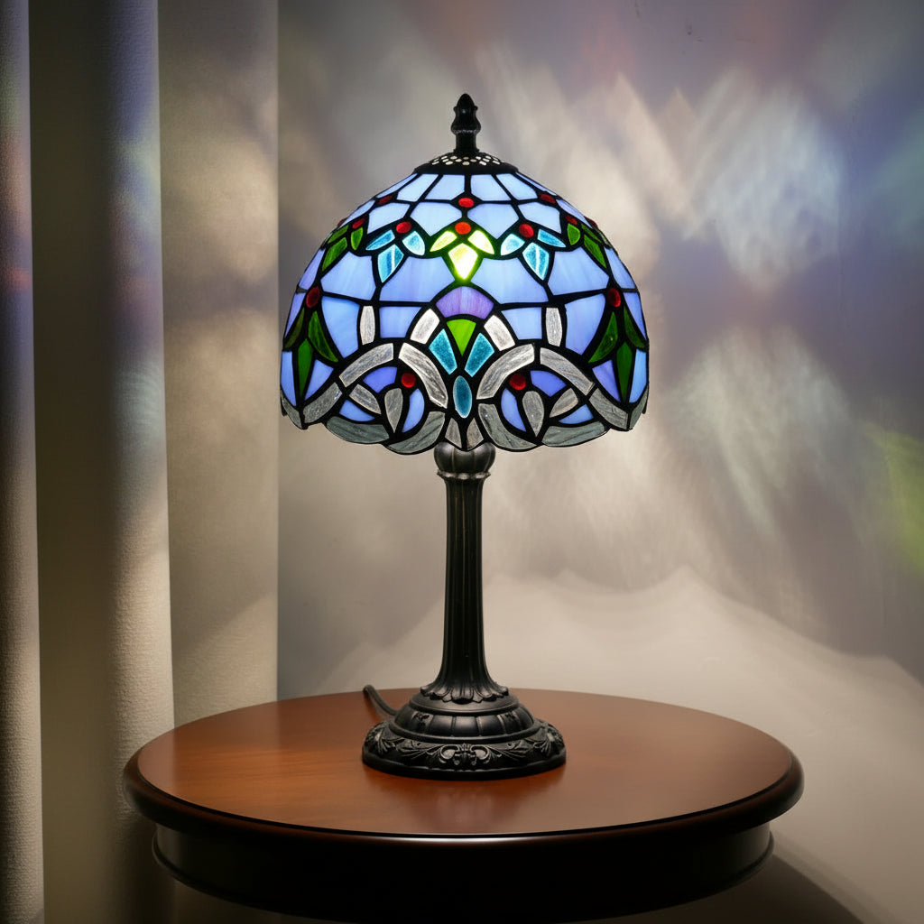 Lampe de Table Style Tiffany à Vitrail Floral Bleu