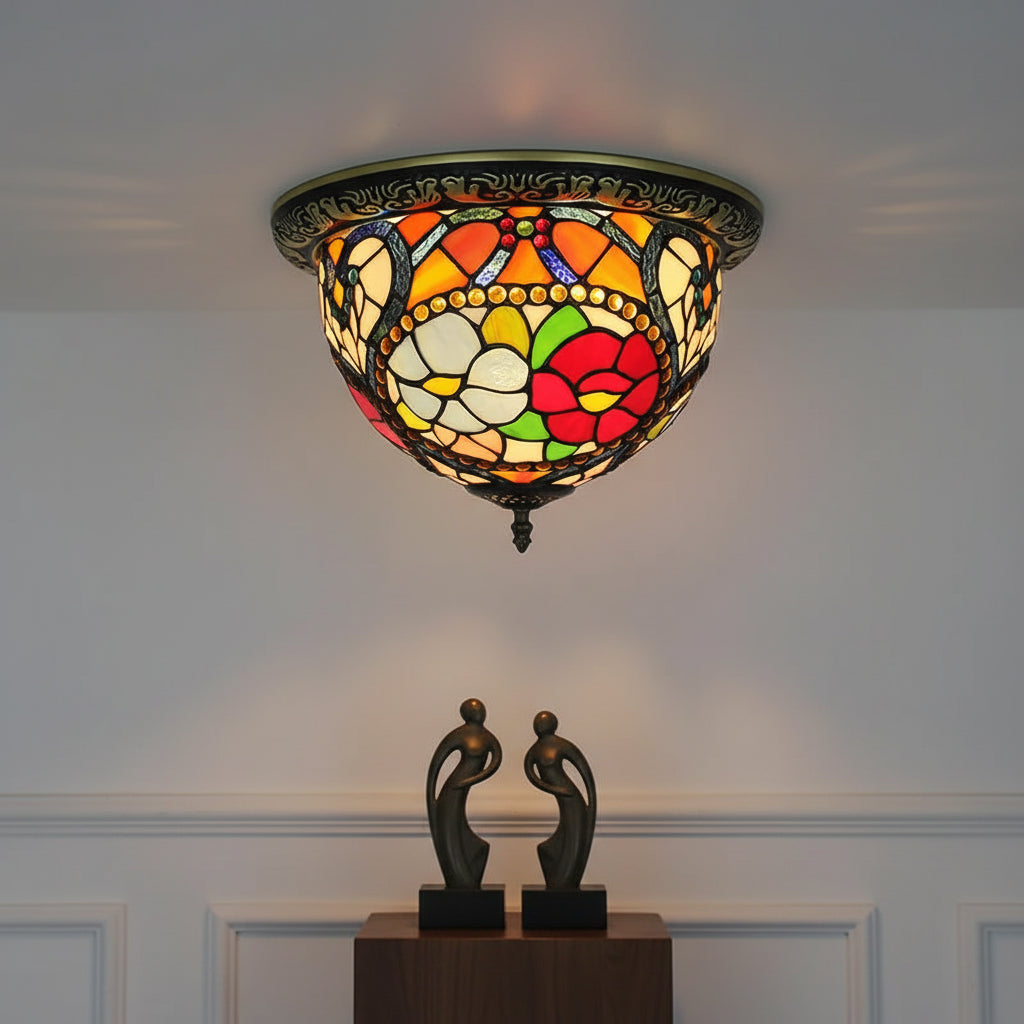 Plafonnier en Vitrail Floral Style Tiffany et Fer