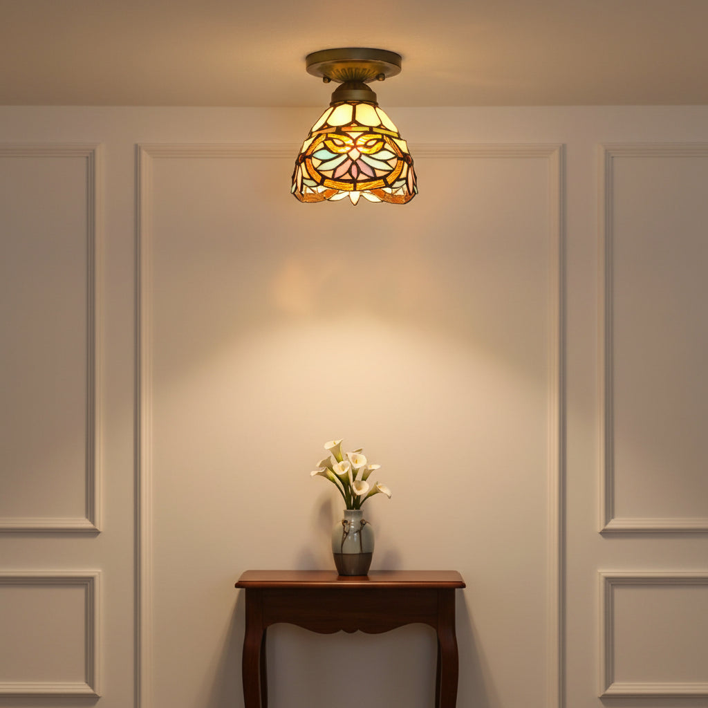 Plafonnier en Vitrail Style Tiffany Floral Bronze