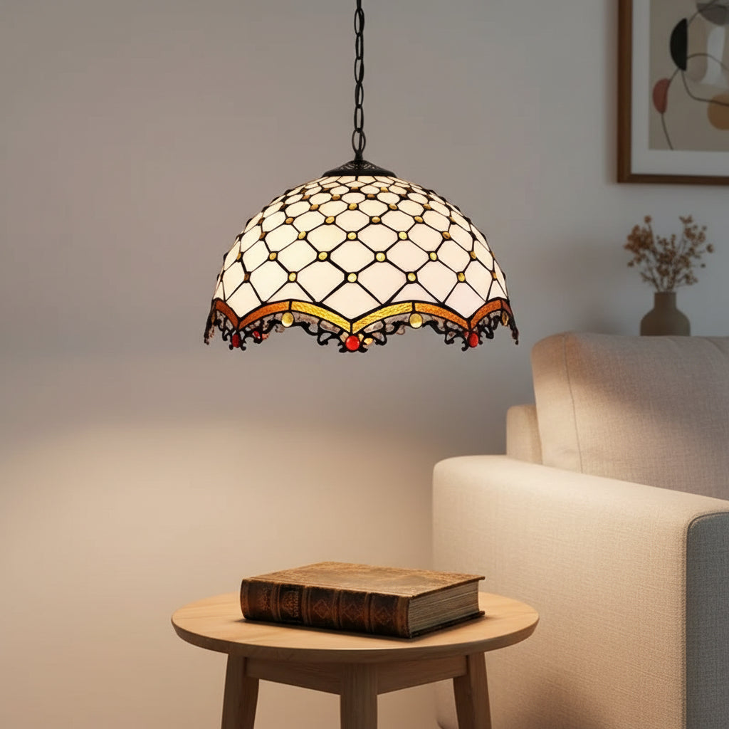 Suspension Tiffany à Vitrail Blanc Style Art Nouveau
