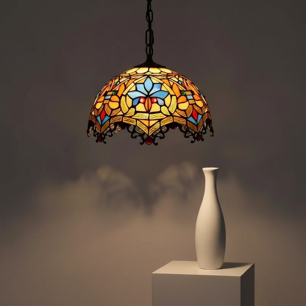 Suspension Luminaire Tiffany en Verre Ambré Floral 30cm