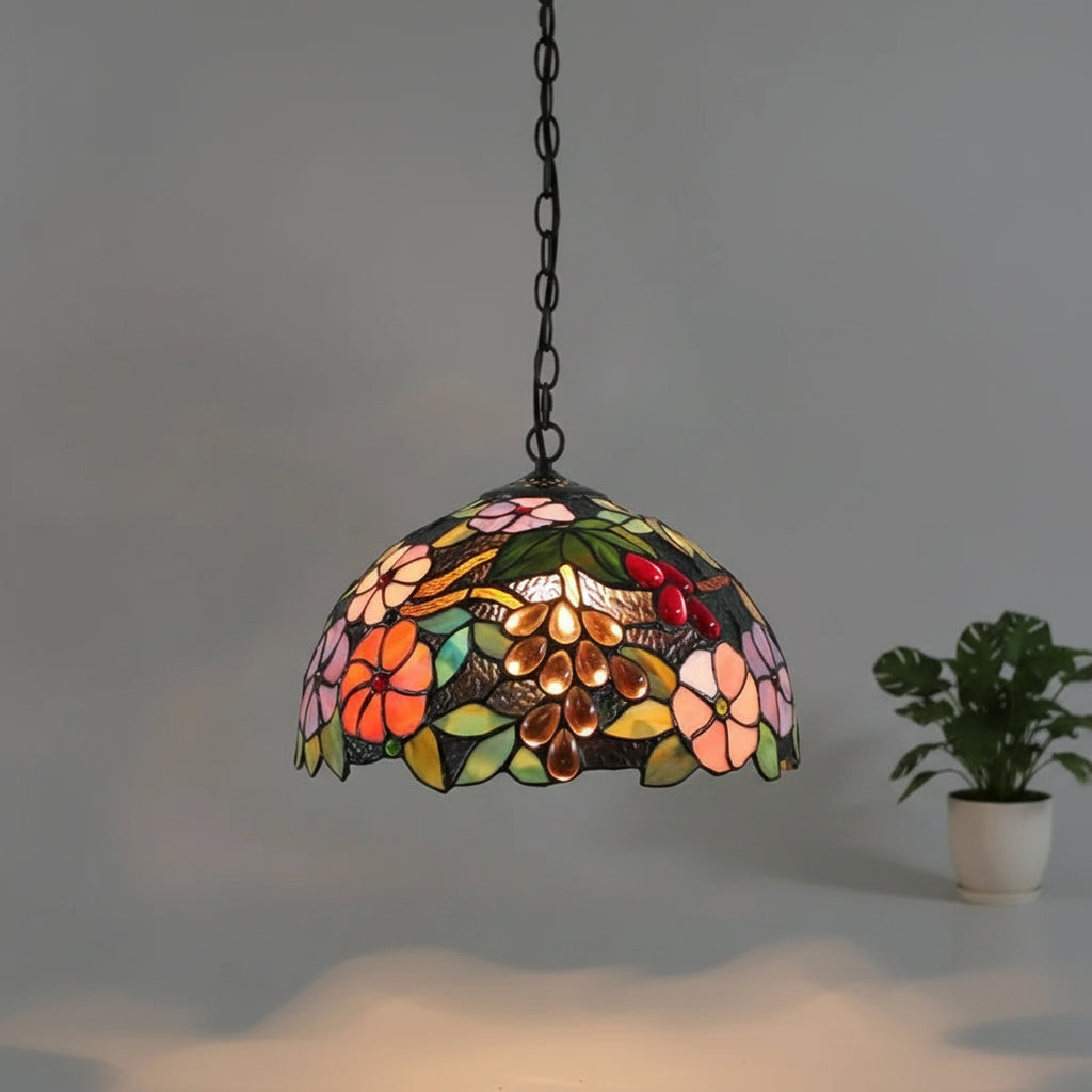 Suspension Vitrail Multicolore Motif Fleurs et Raisins