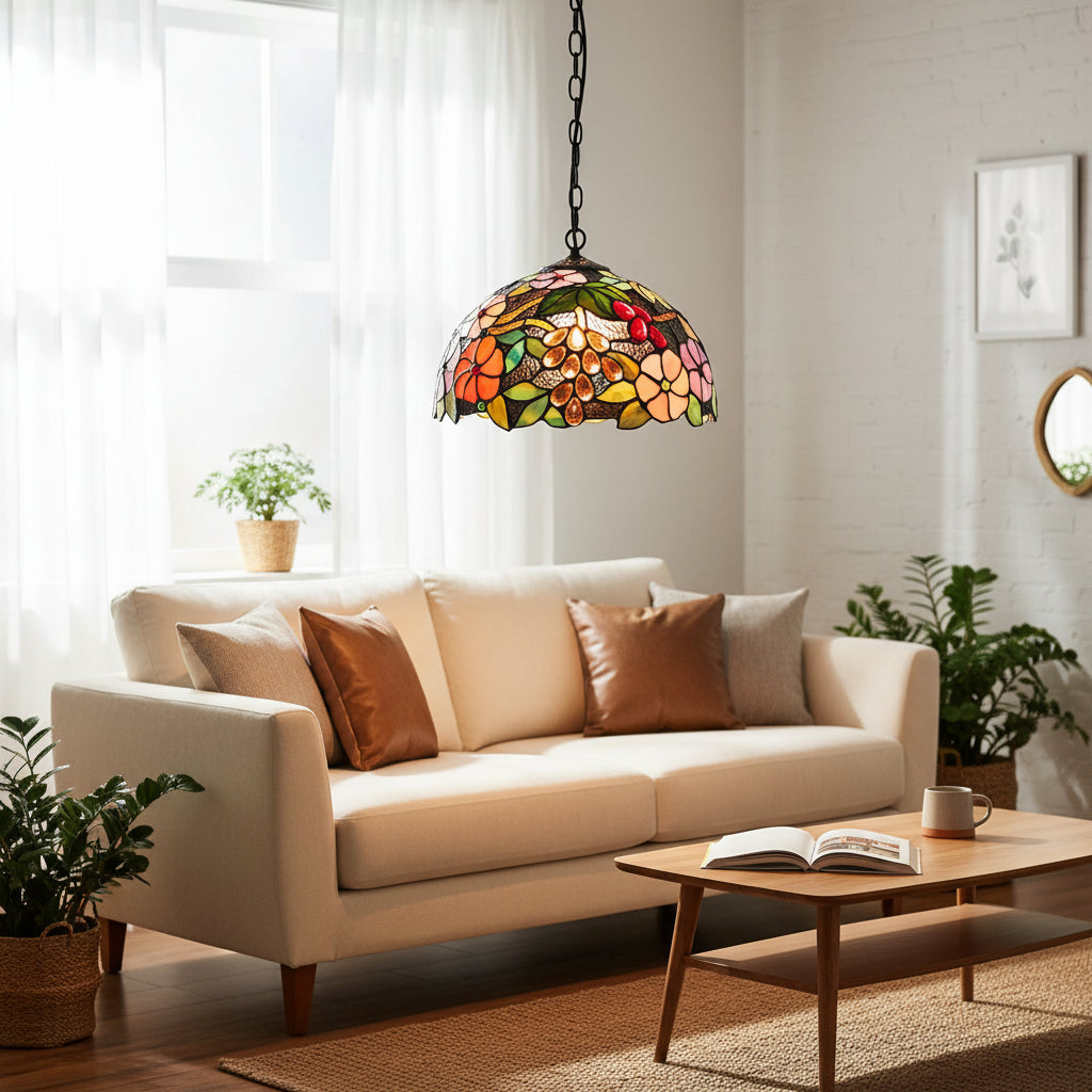 Suspension Vitrail Multicolore Motif Fleurs et Raisins