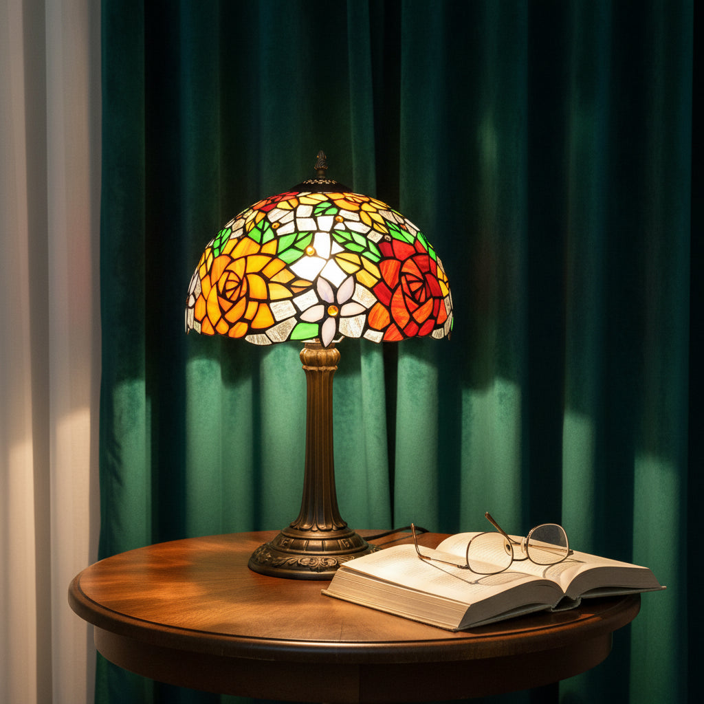 Lampe de Table en Vitrail Style Tiffany Roses