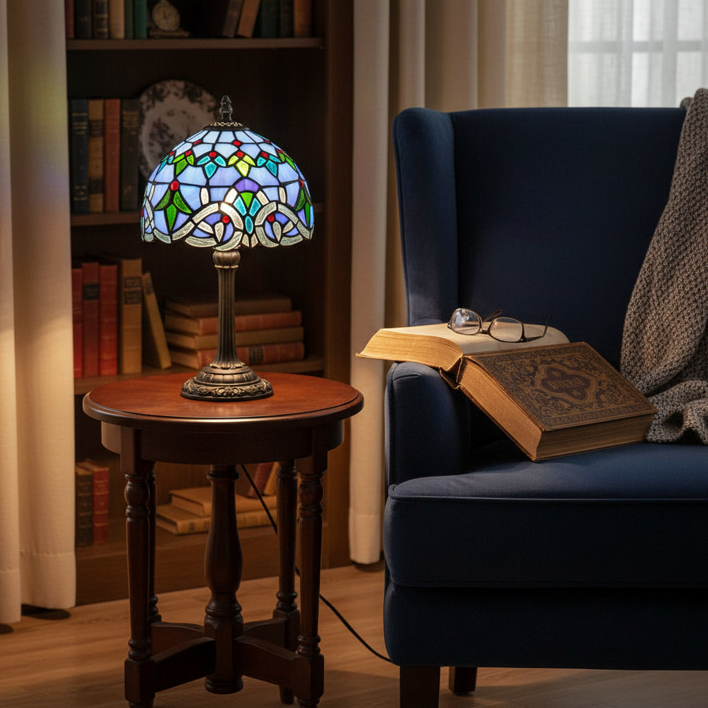 Lampe de Table Style Tiffany à Vitrail Floral Bleu