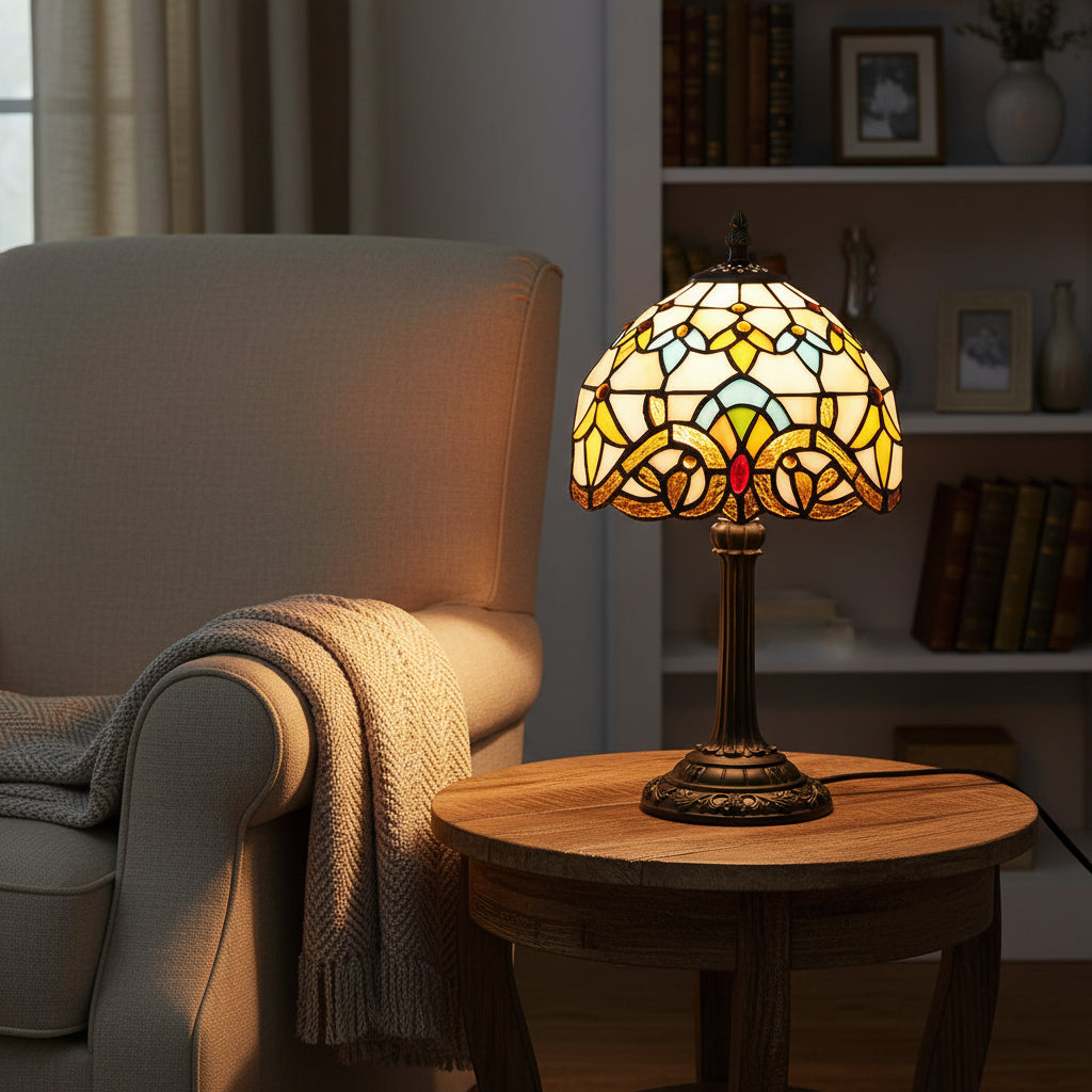 Lampe de Table Tiffany en Vitrail Jaune et Bleu