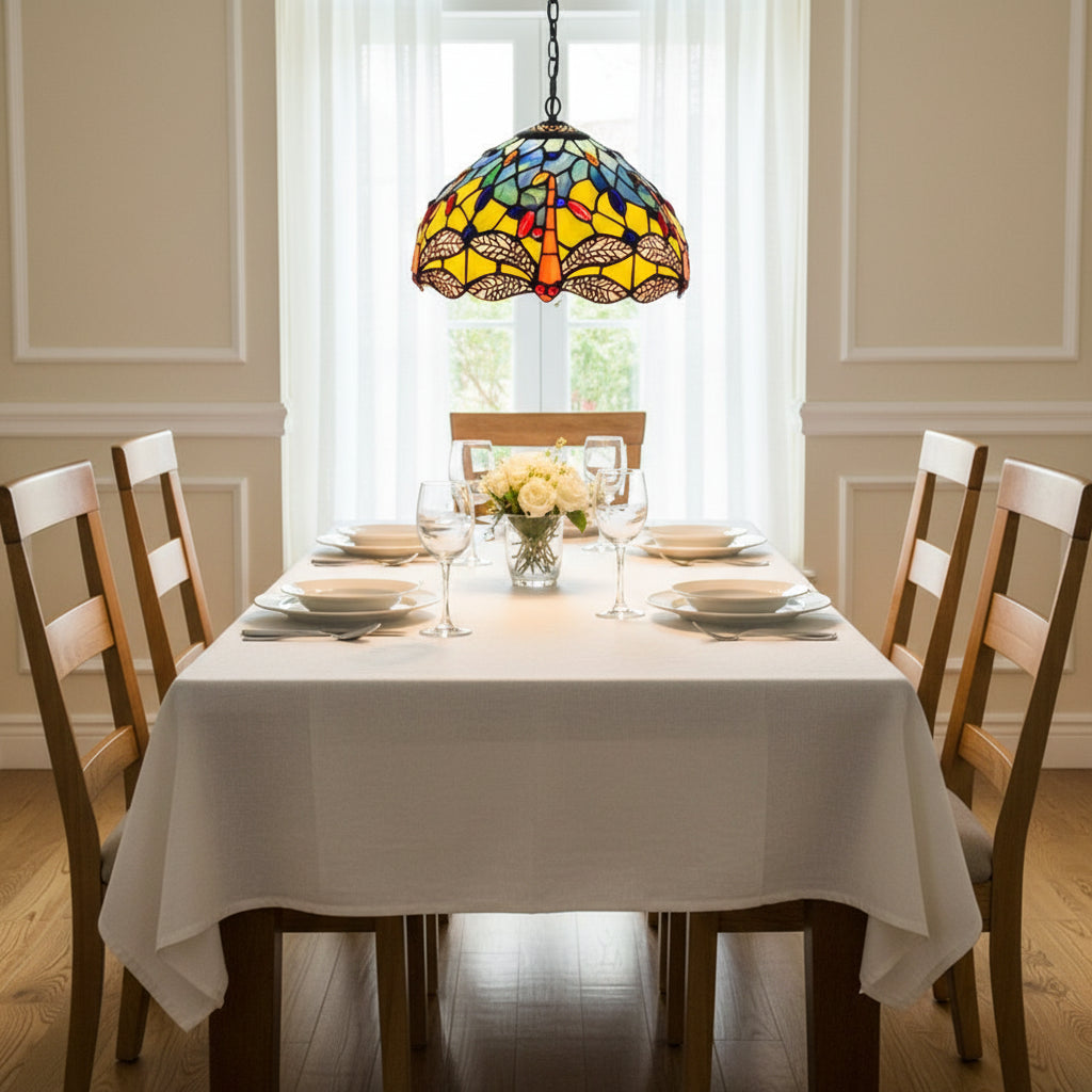 Suspension Tiffany en Vitrail Libellule Jaune Bleu