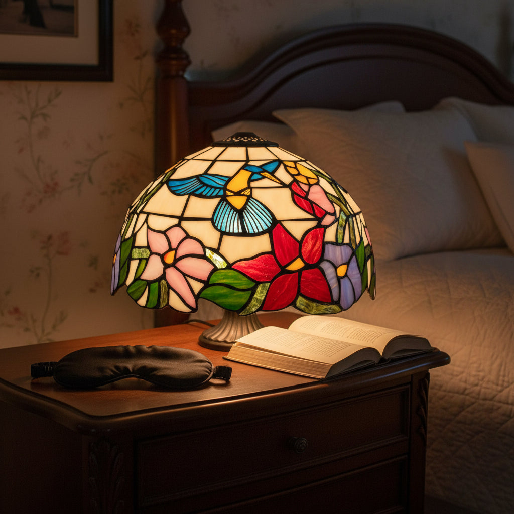 Abat-jour Tiffany en Vitrail Colibri et Fleurs