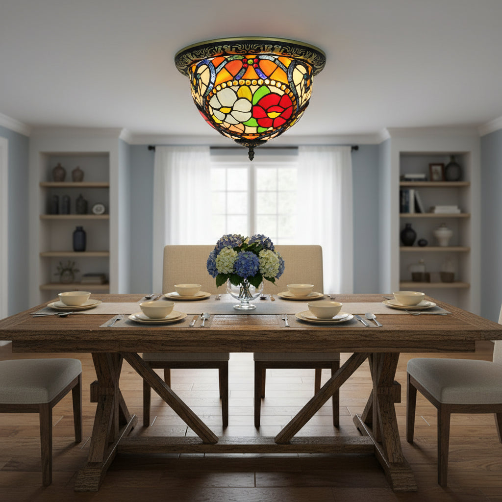 Plafonnier en Vitrail Floral Style Tiffany et Fer