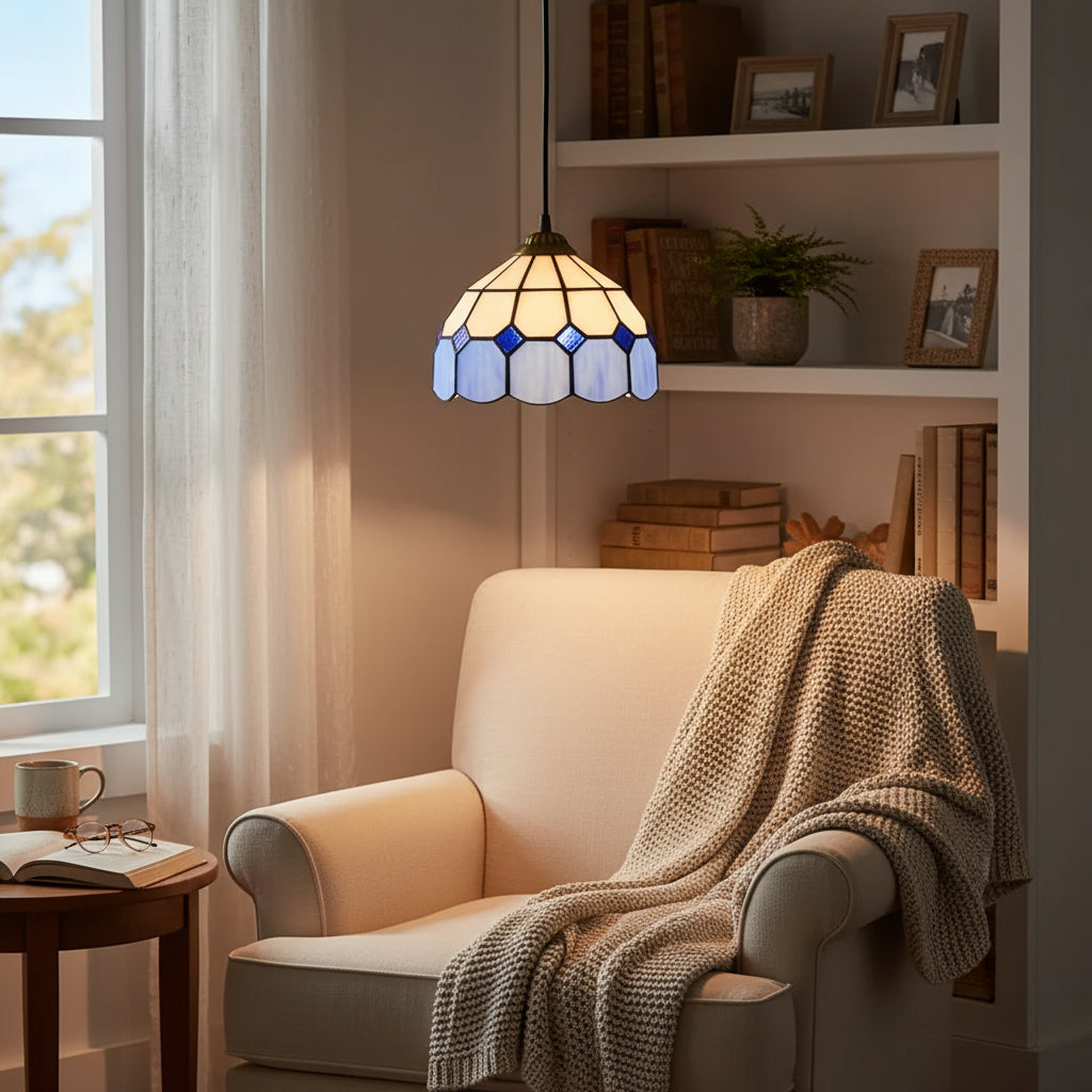 Suspension Luminaire Tiffany Géométrique Blanche et Bleue