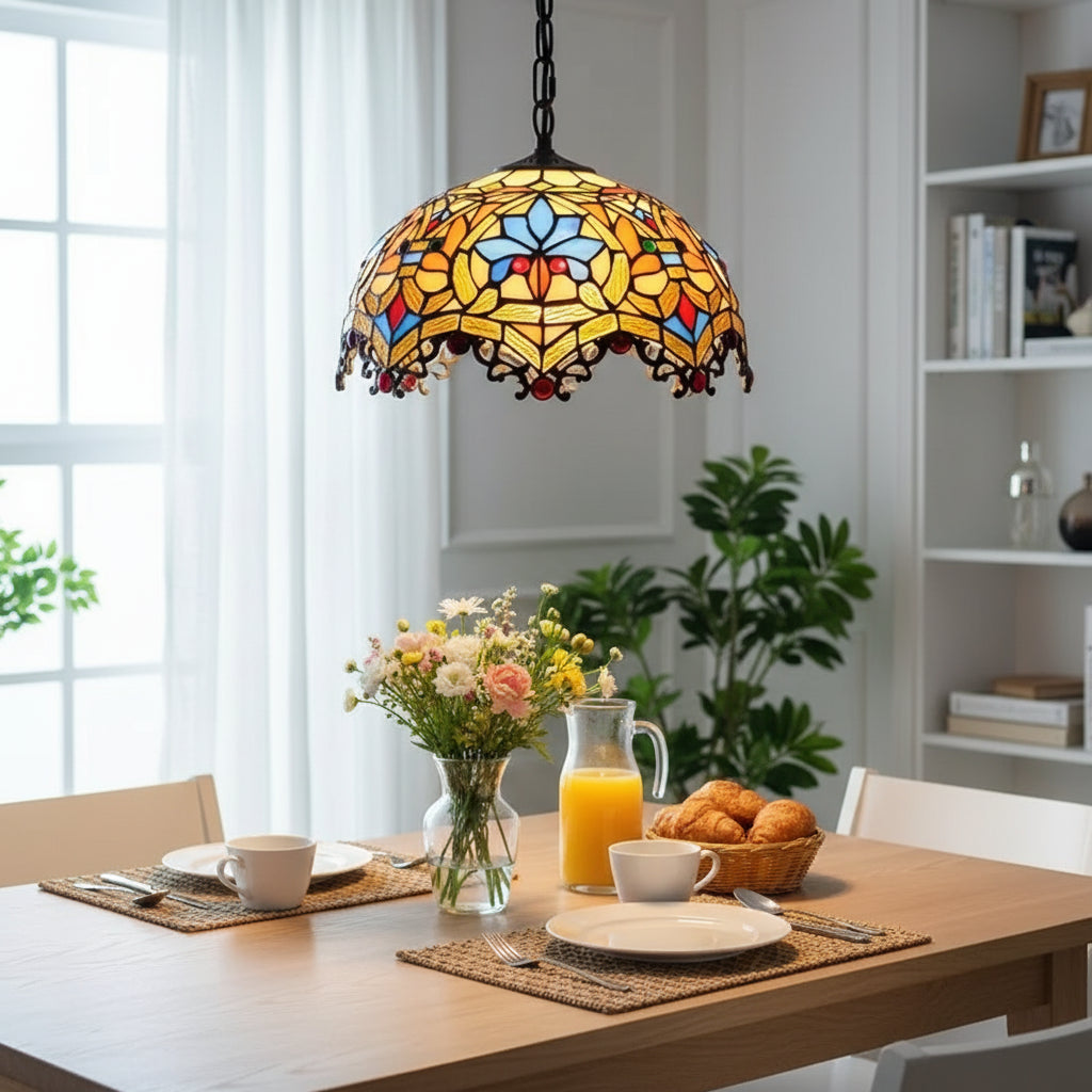 Suspension Luminaire Tiffany en Verre Ambré Floral 30cm