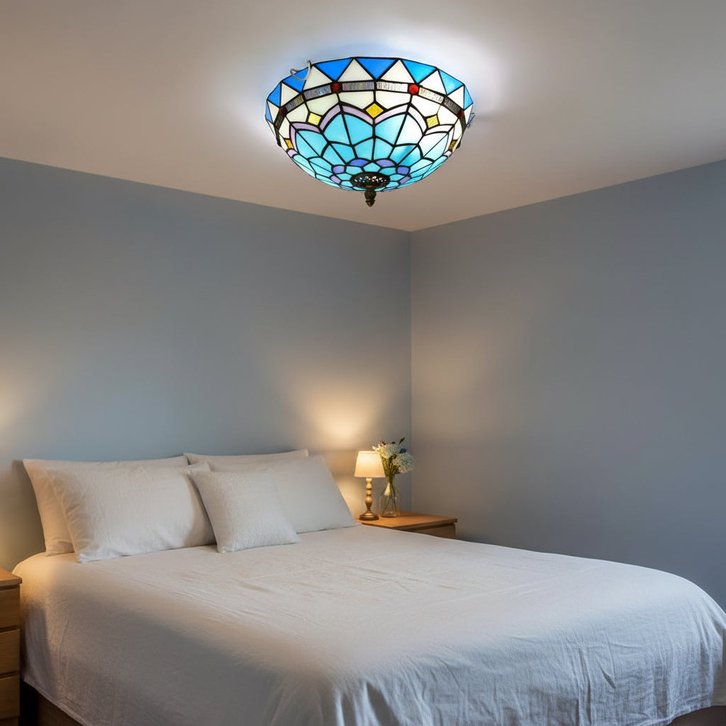 Plafonnier Dôme en Vitrail Tiffany Bleu Géométrique