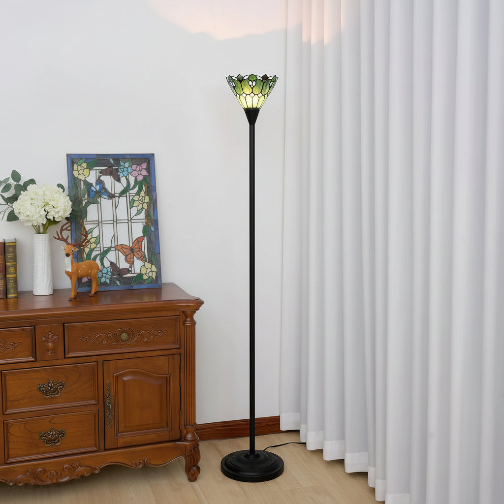 Lampadaire Style Tiffany en Vitrail Vert et Crème