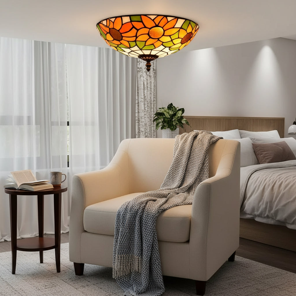 Plafonnier Rond en Vitrail Style Tiffany Tournesol