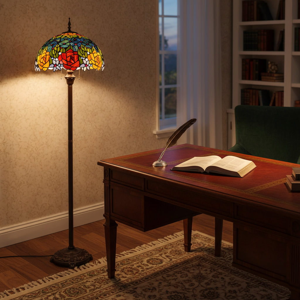 Lampadaire Style Tiffany en Vitrail Roses Rouges et Jaunes