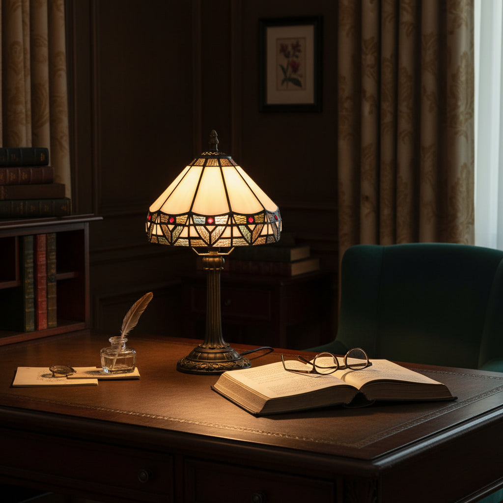 Lampe de Chevet en Vitrail Géométrique Style Tiffany Bronze