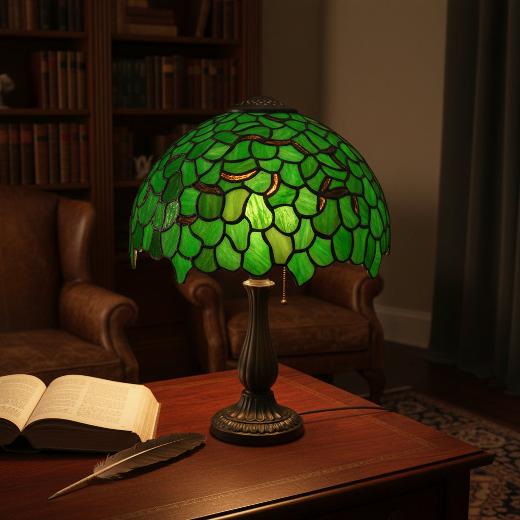 Abat-Jour Cloche Tiffany en Vitrail Vert Nuancé