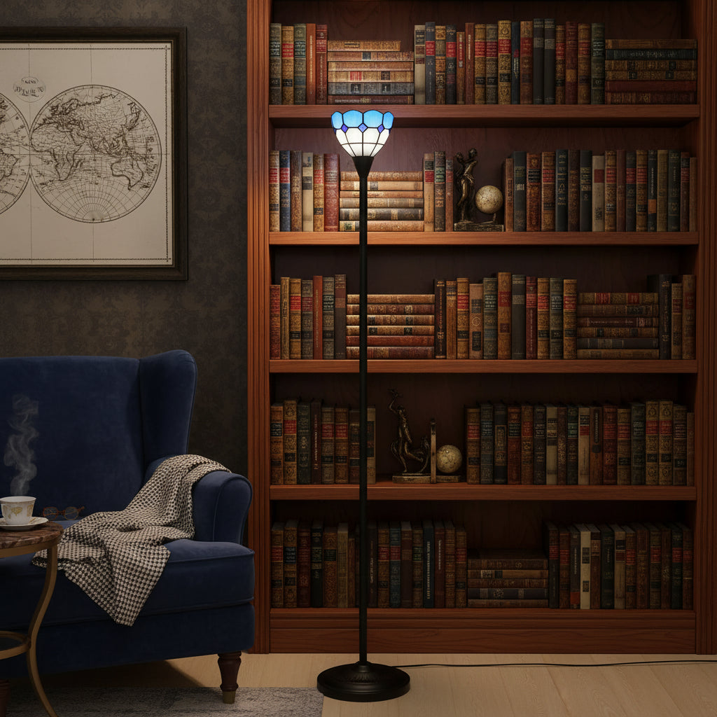 Lampadaire en Vitrail Bleu et Blanc à Forme de Tulipe