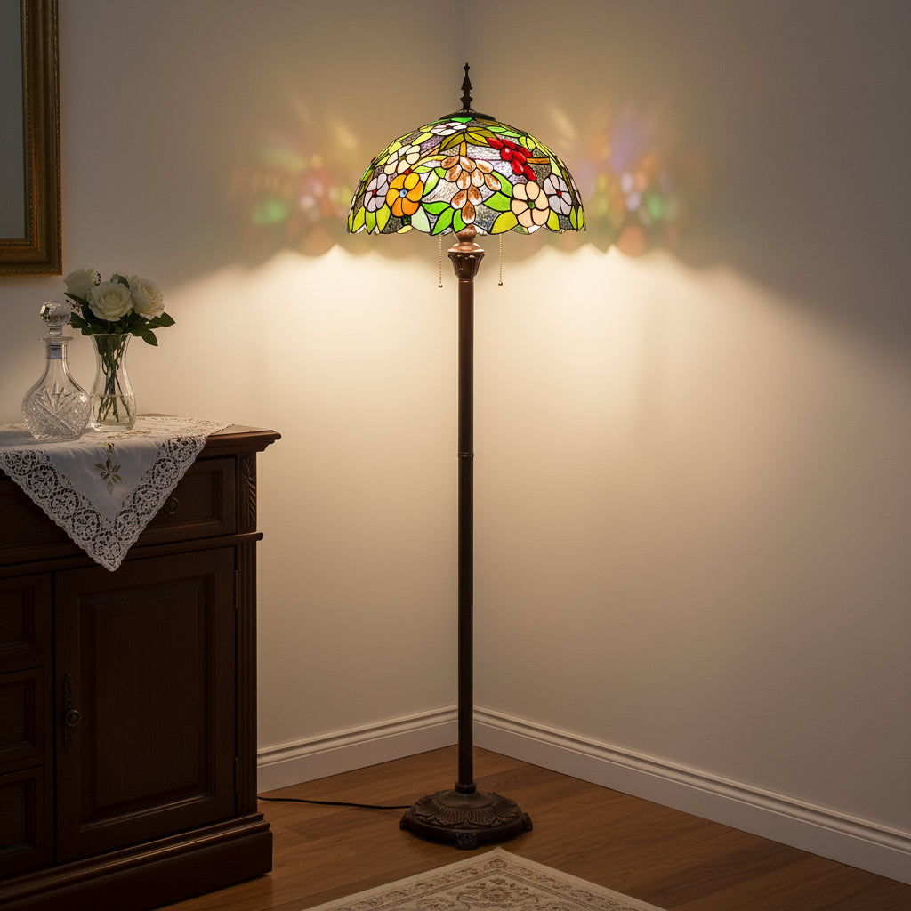Lampadaire Style Tiffany en Verre Fleurs et Fruits
