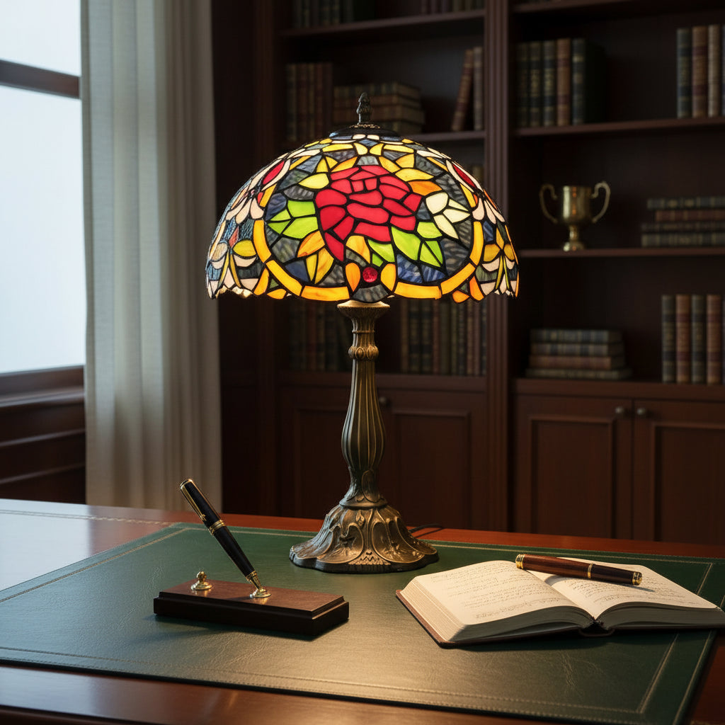 Lampe de Table Style Tiffany en Vitrail Rose Rouge
