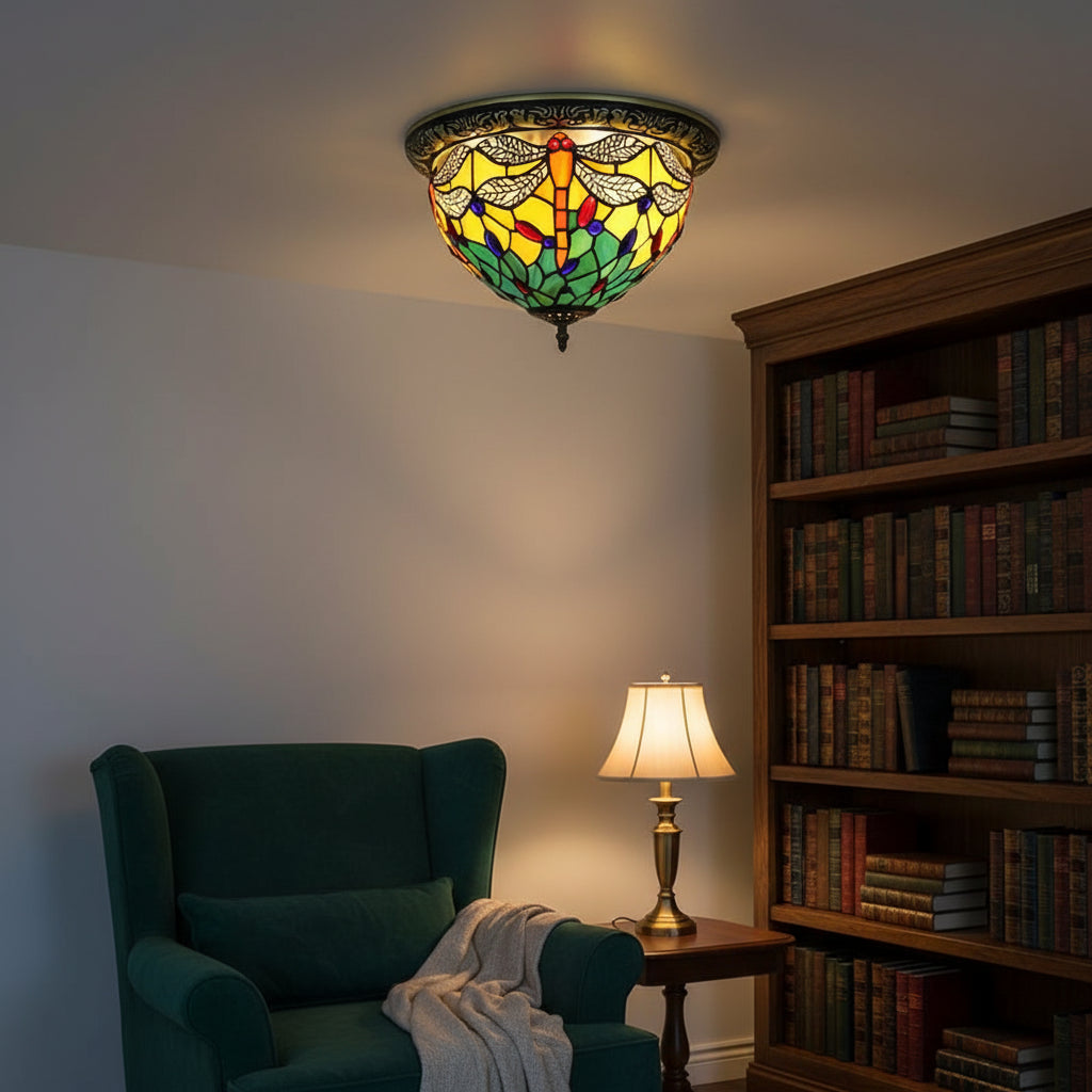 Plafonnier Style Tiffany Libellule en Verre Teinté