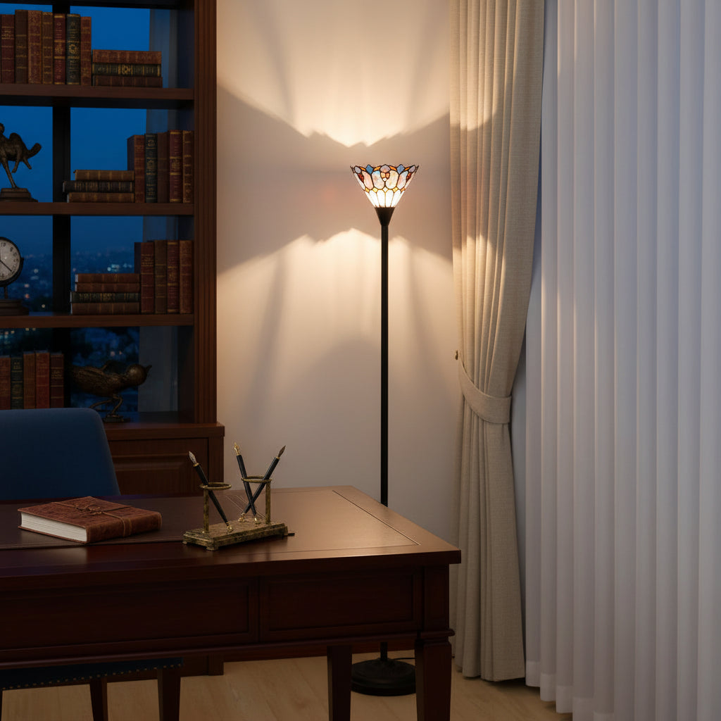 Lampadaire Tiffany en Vitrail Fleurs et Papillons