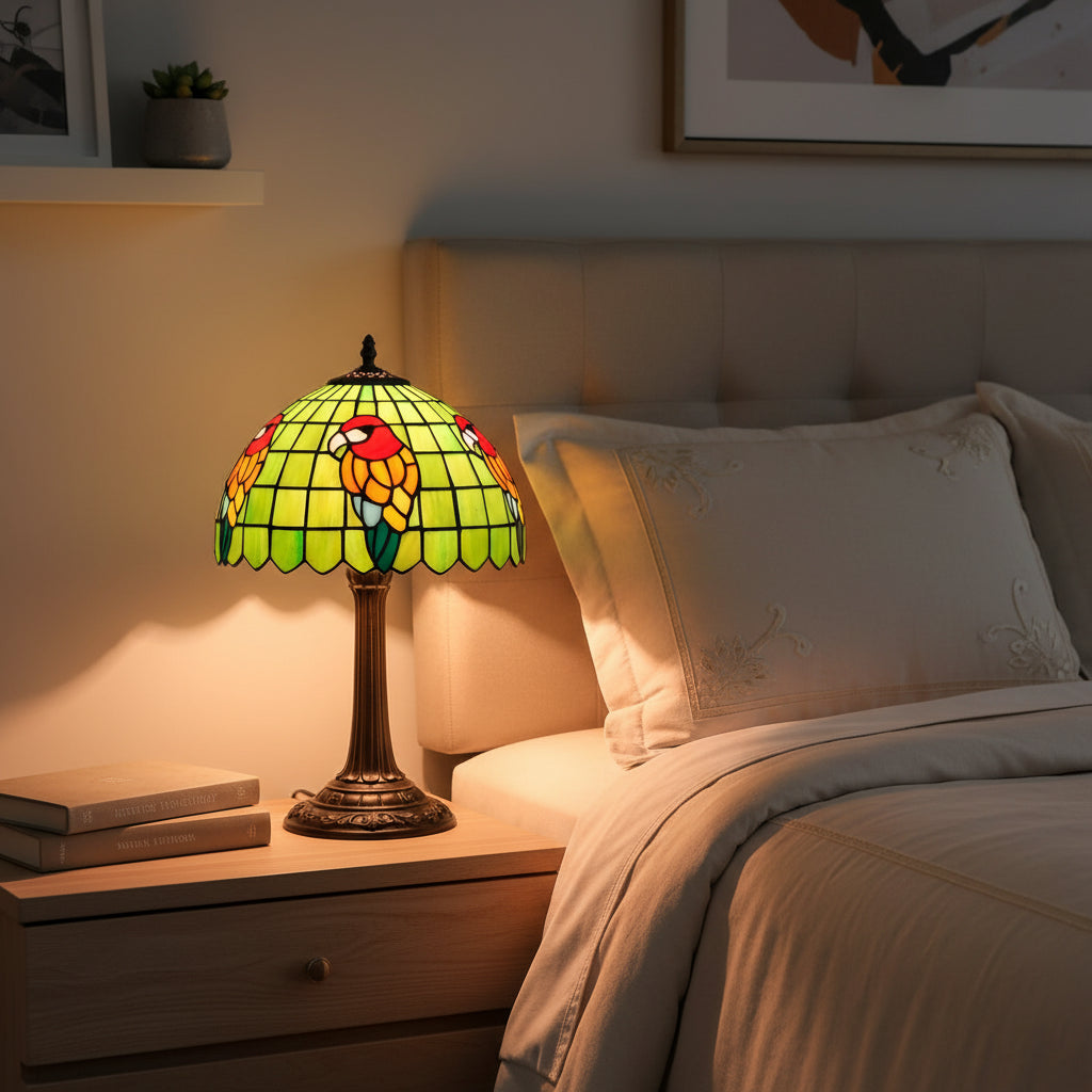 Lampe de Table Tiffany à Perroquets en Verre Teinté