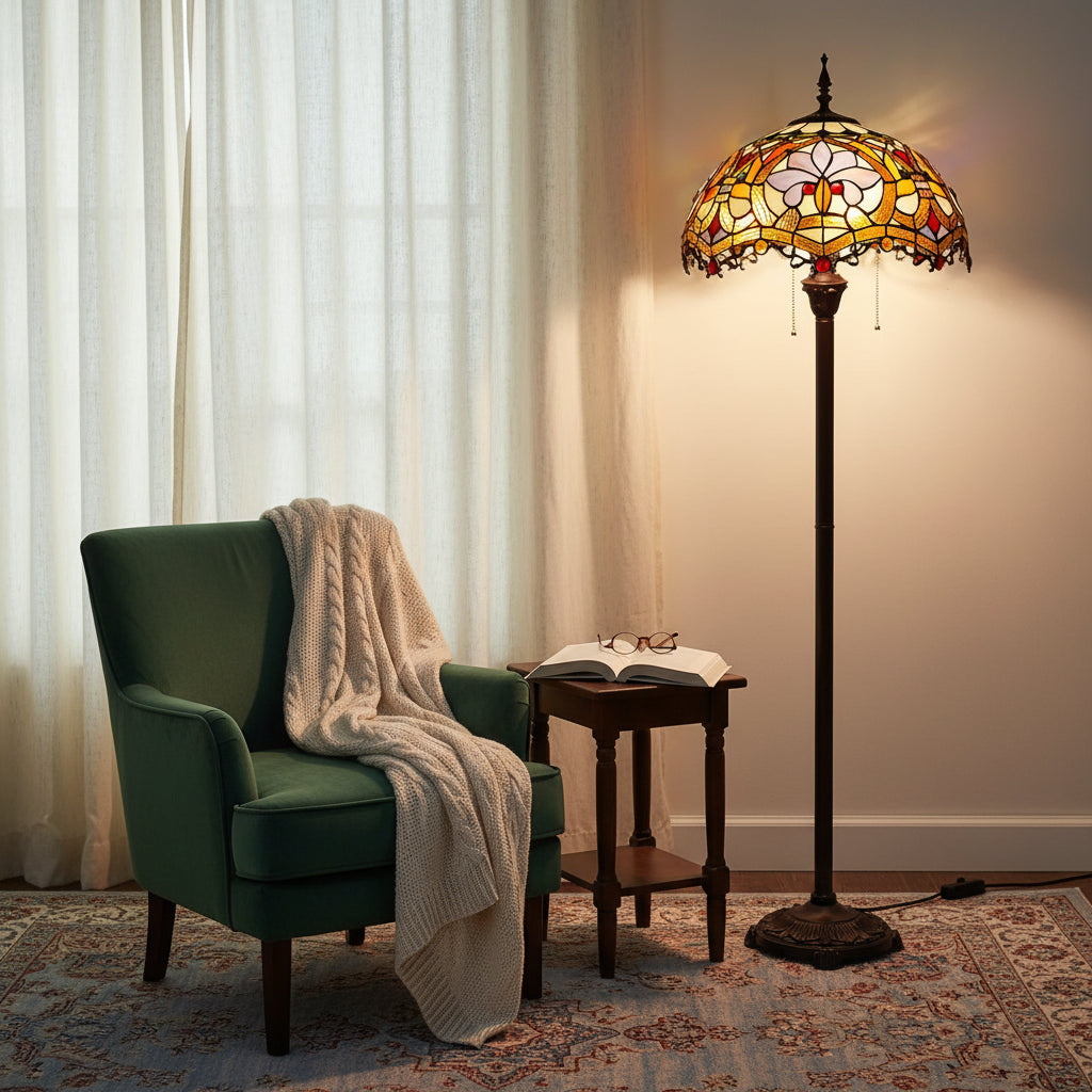Lampadaire Tiffany Vintage en Verre Teinté Floral