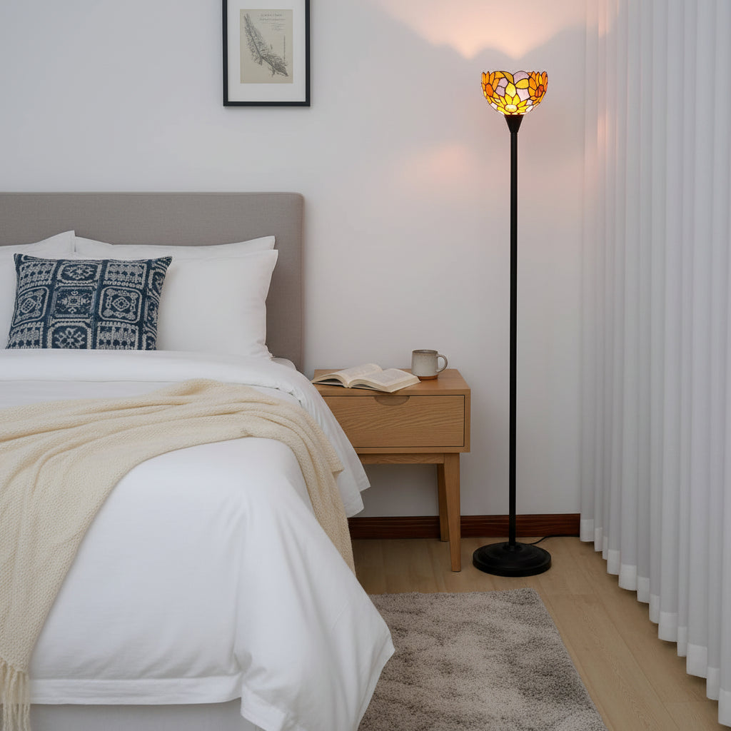 Lampadaire Tiffany Floral en Verre Jaune et Orange